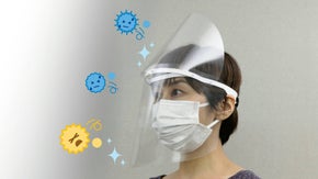 頭部カバー付きフェイスシールドで飛沫対策。装着感と使いやすさを追求。