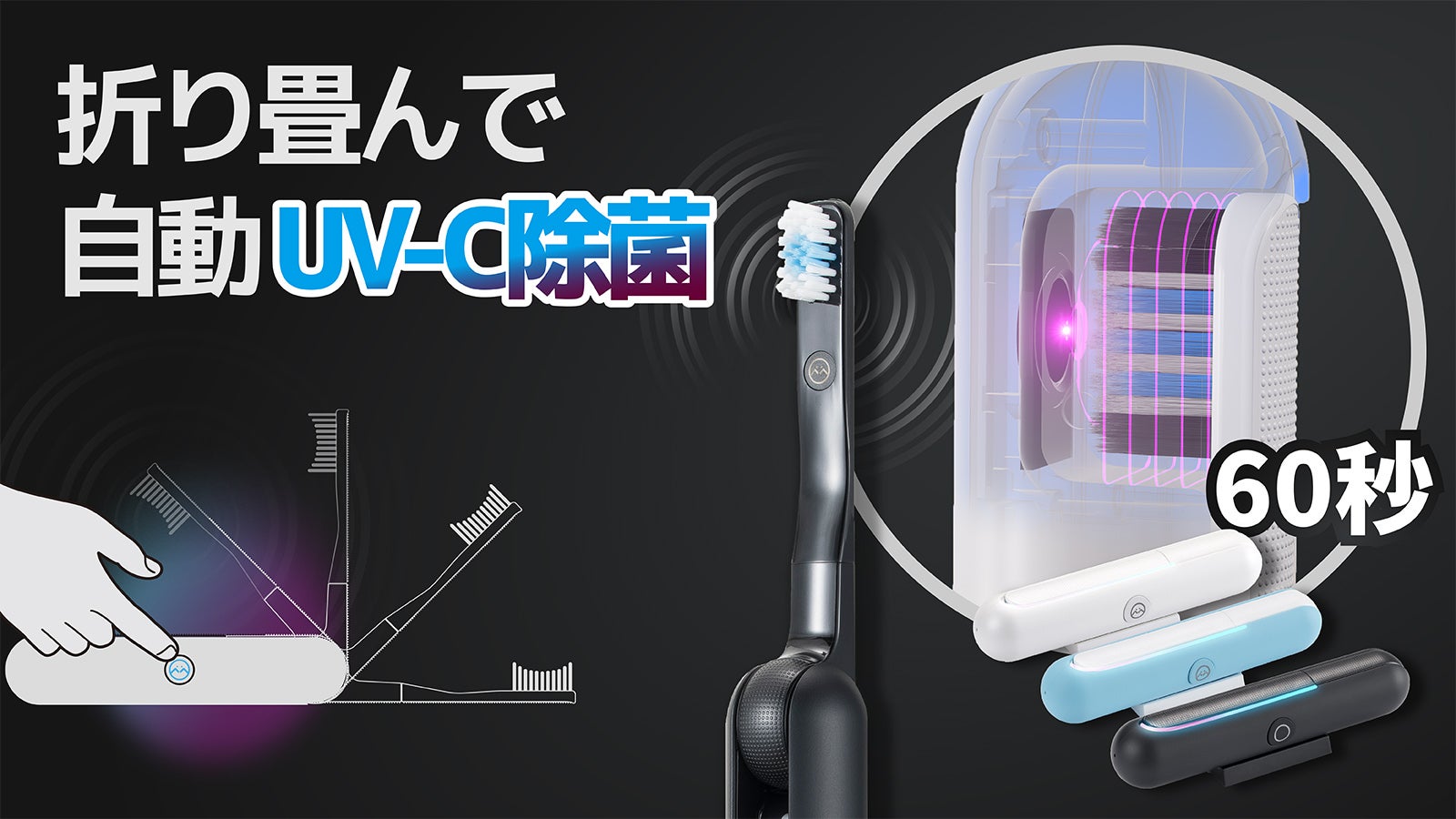 毎日、衛生的に歯ブラシが使える！自動UV-C除菌！折り畳み式「音波振動