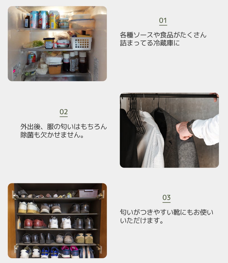 冷蔵庫中の臭いと細菌の元を除去し、酸素に変えてくれる！一度