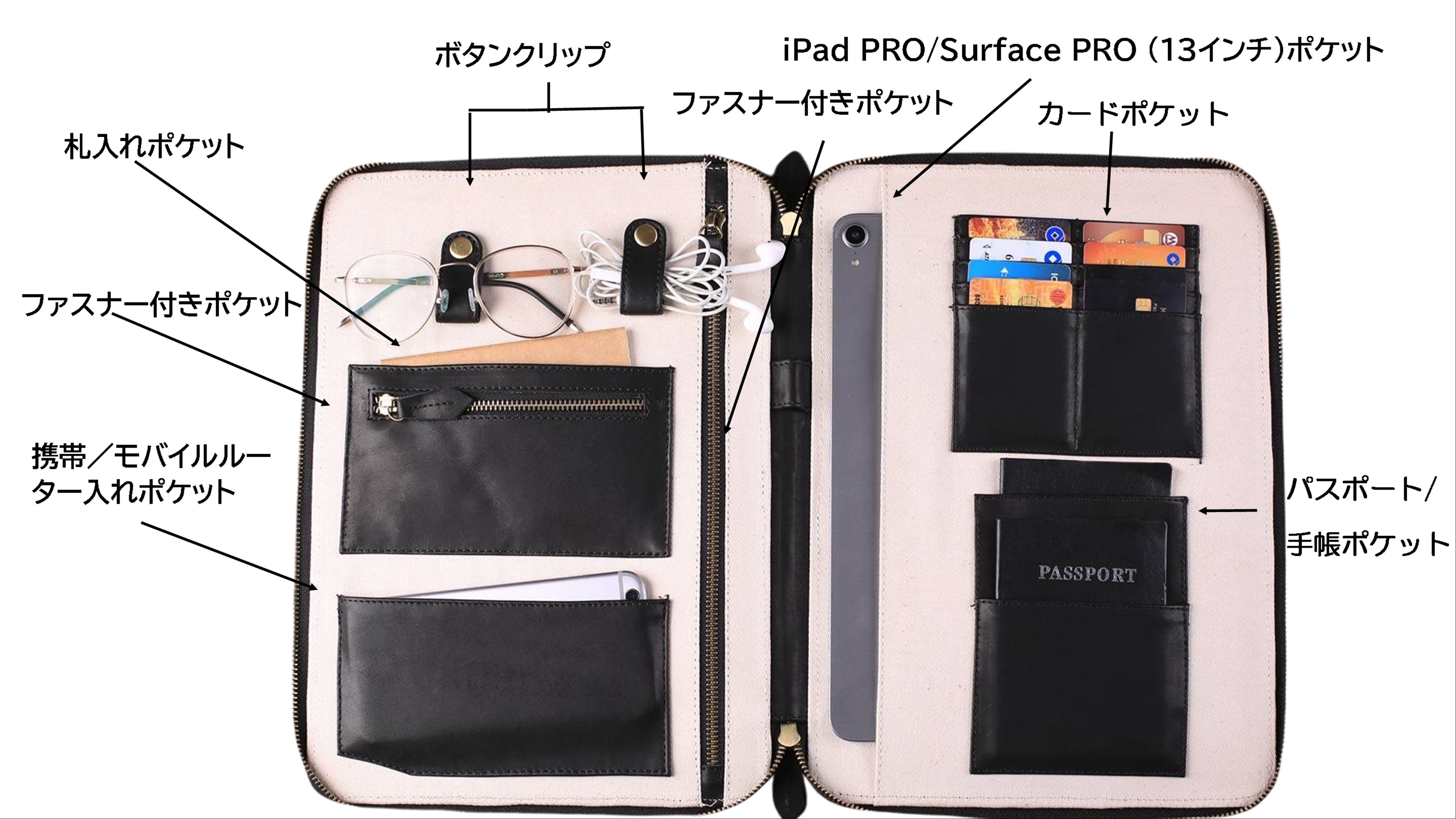 テレワークや旅行のデジタルアイテムを纏めるA4高級レザーのトラベル
