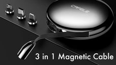 ワンタッチ接続で即充電！3 in 1 巻き取り式マグネットケーブル