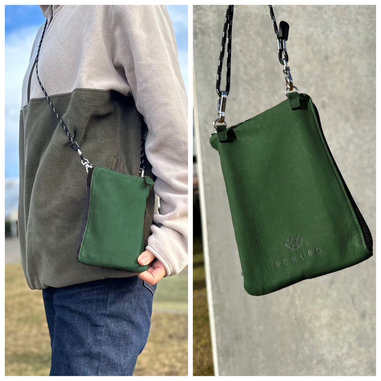 北海道天然エゾ鹿革サコッシュ　スエード　ショルダーバッグ　グリーン　本革　カーキ 北海道天然エゾ鹿革サコッシュ スエード ショルダーバッグ