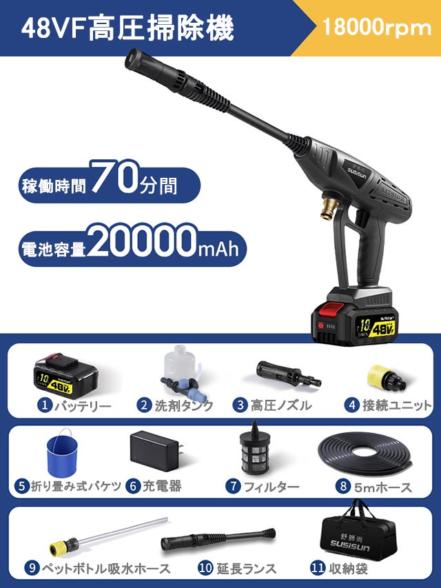 高圧洗浄機 「SUI」 makuake 1回充電でお家の大掃除は全て完了！洗車&水撒き手軽に使える高圧洗浄機