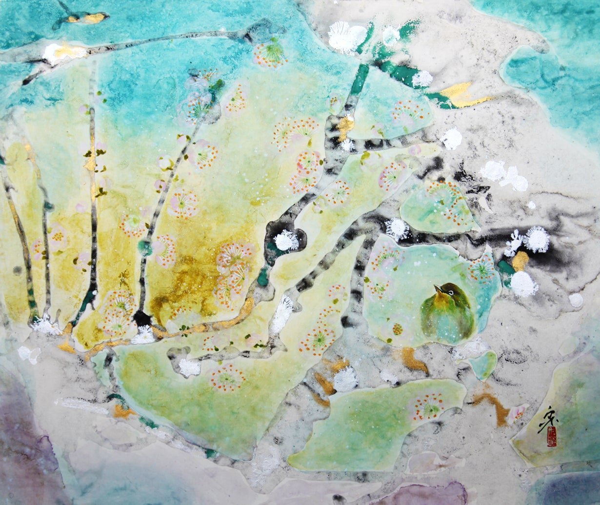 日展評議員 東韶光 落款印譜 共シール『ひとり』岩絵具彩色 20号 0829D