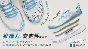 カーボンプレート、二層構造ミッドソール、つま先幅広設計で推進力と安定性を実現！