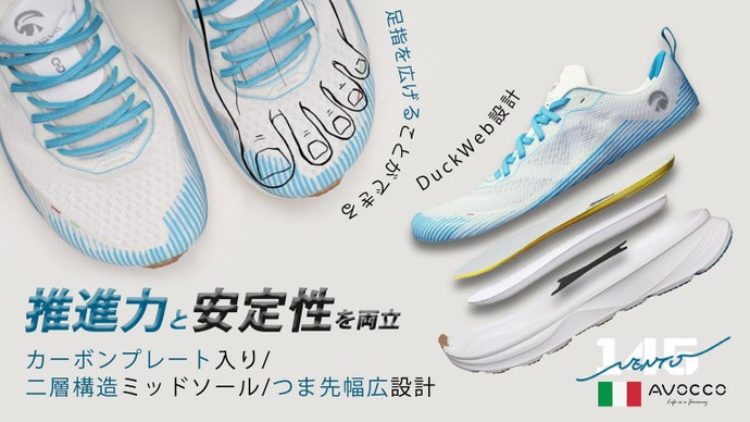 カーボンプレート、二層構造ミッドソール、つま先幅広設計で推進力と安定性を実現！