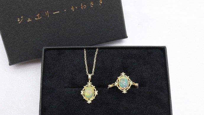 虹色に輝く宝石」“魅せる”ファイヤーオパールネックレス＆リング 