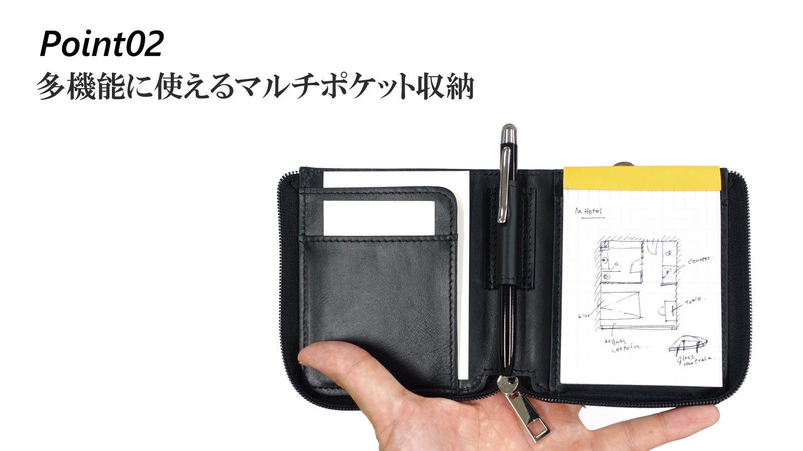 メモ帳と筆記具とカード、全部まとめてぶらさげ収納｜カラビナ付き革製