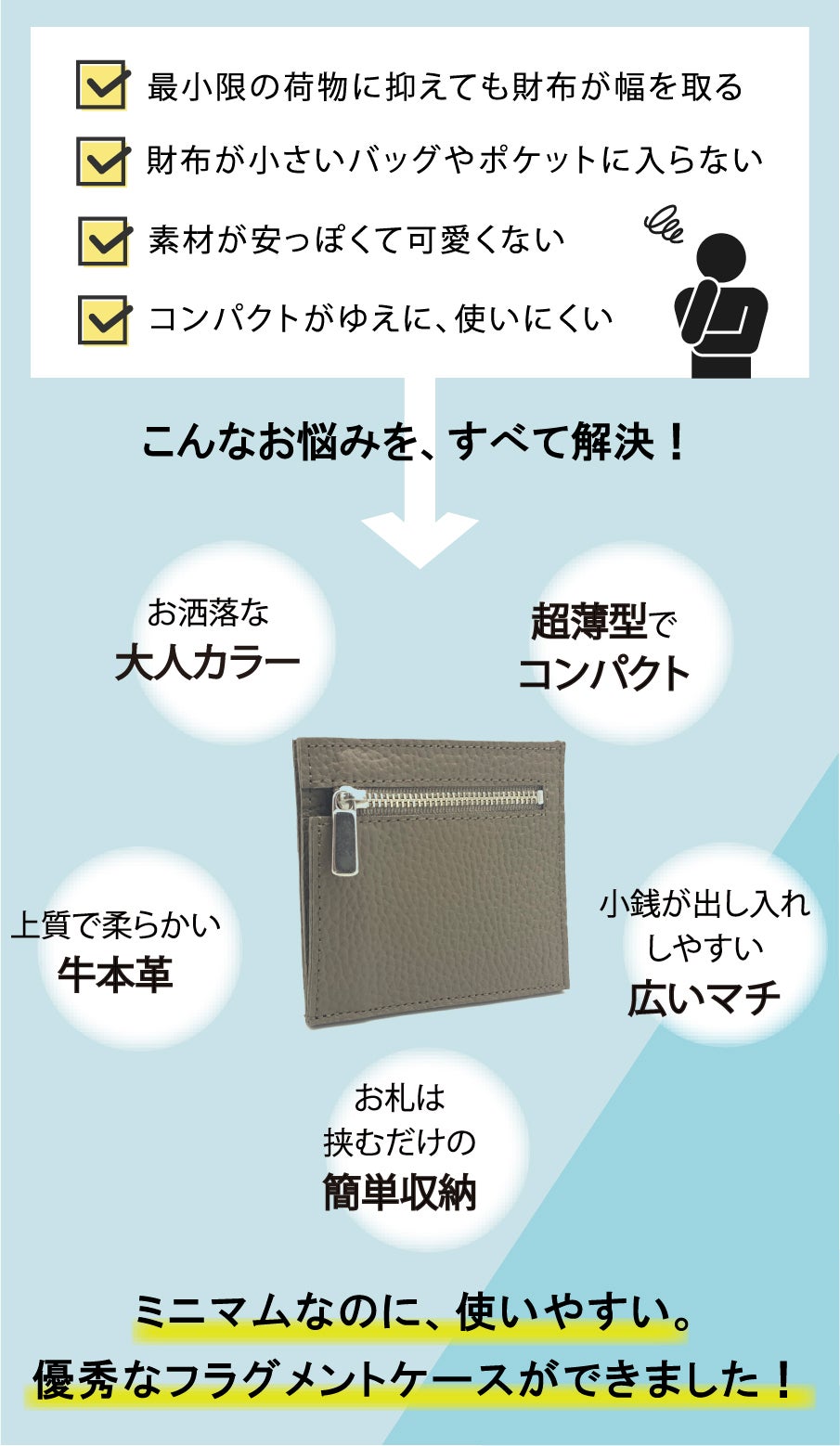 お札は隙間に挟むだけ！ミニマムなのに使いやすい機能性。【本革