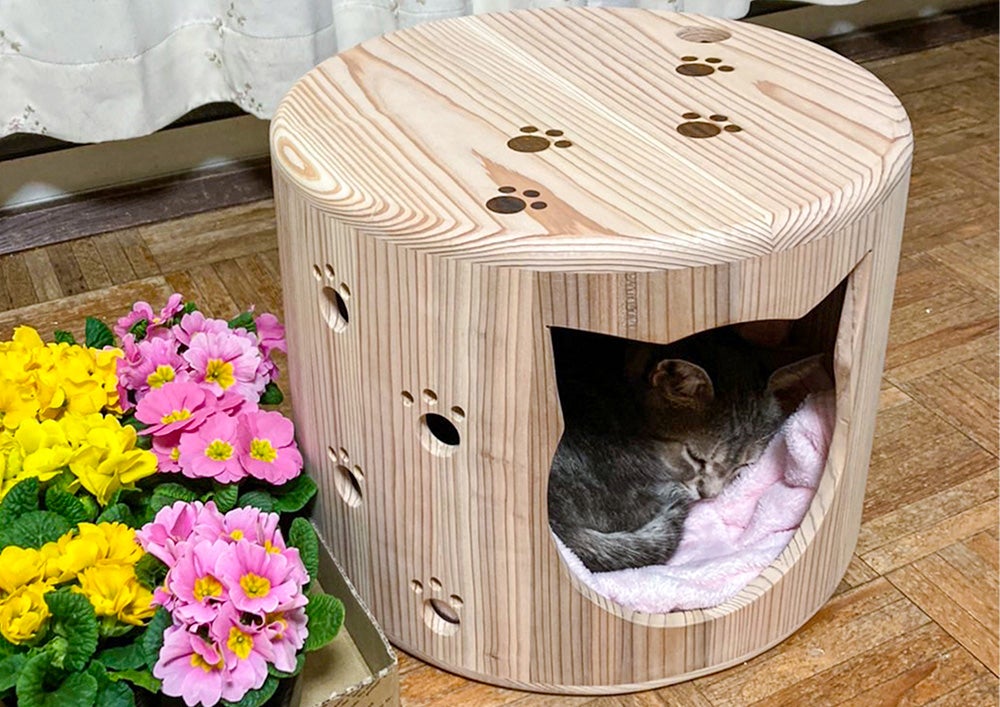 なめらかな触り心地、創業108年の桶樽屋が手がける「ねこハウス