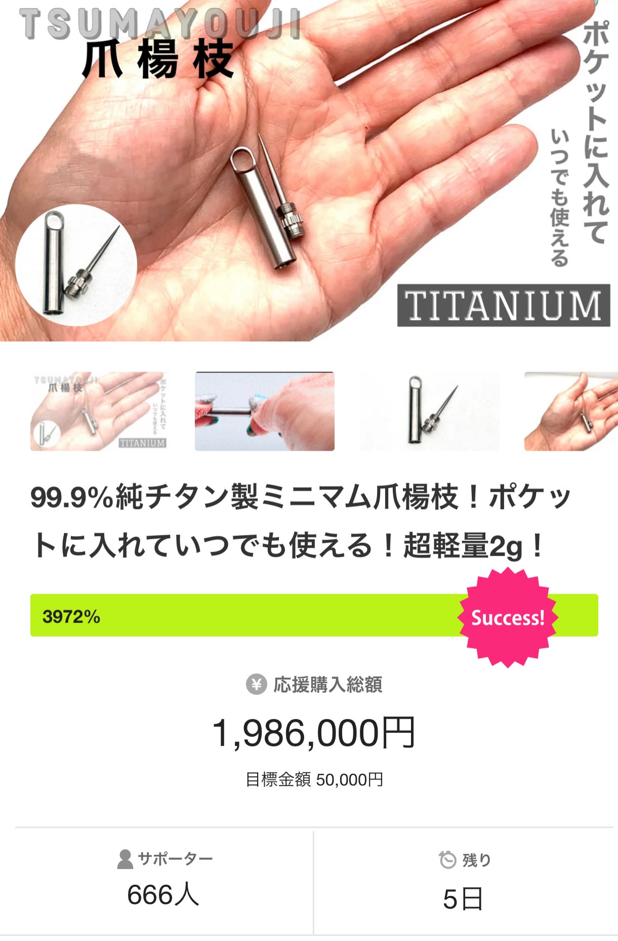 Makuake｜99.9%純チタン製ミニマム爪楊枝！ポケットに入れていつでも