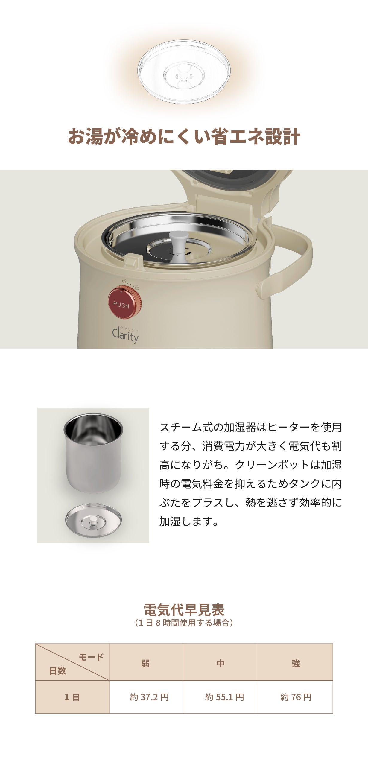 お手入れ簡単】タンク丸ごと洗えてずっと清潔。Clarity スチーム式加湿