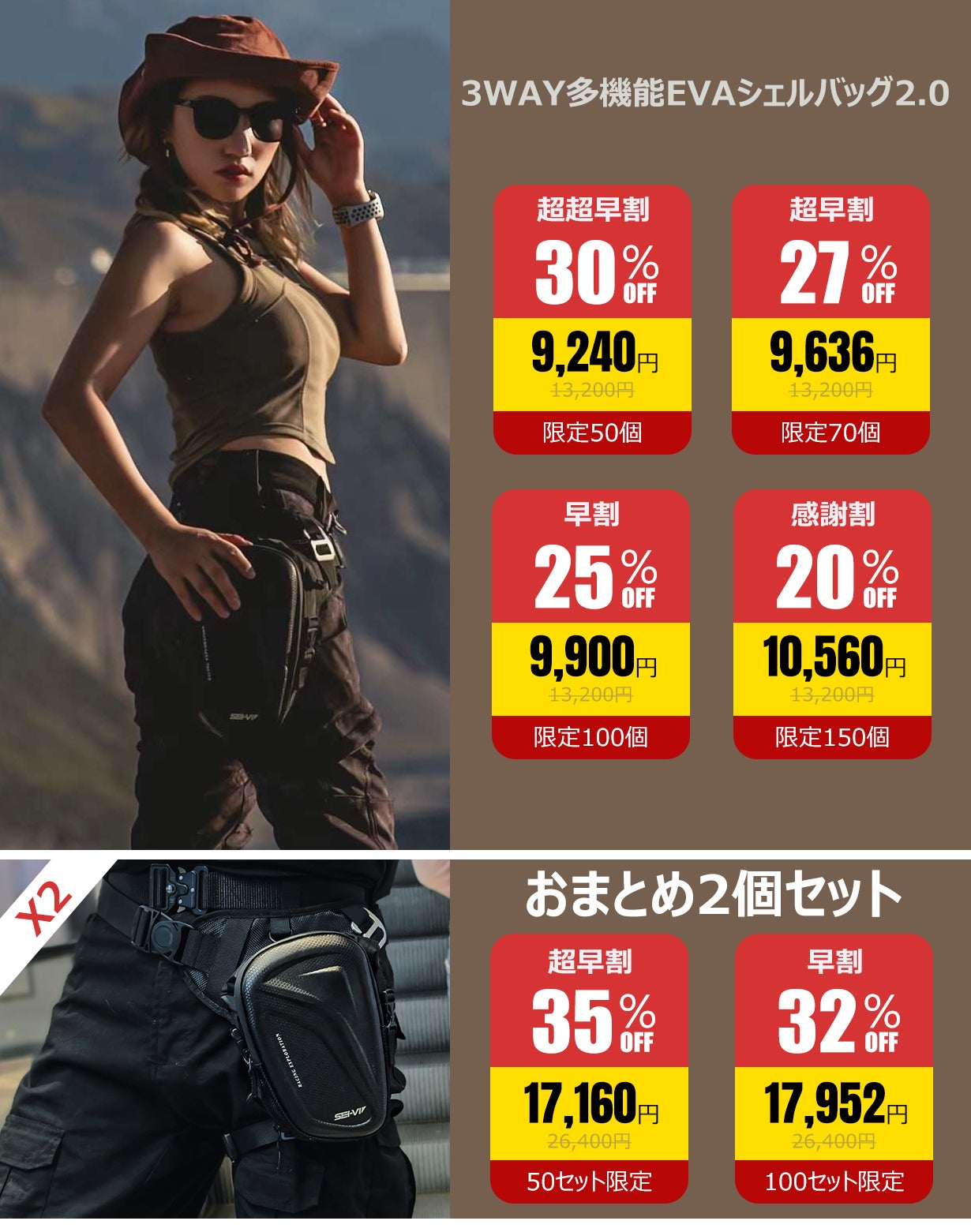 3WAY（バイクタンク・ショルダー・ウエスト）使用可能なEVAシェル