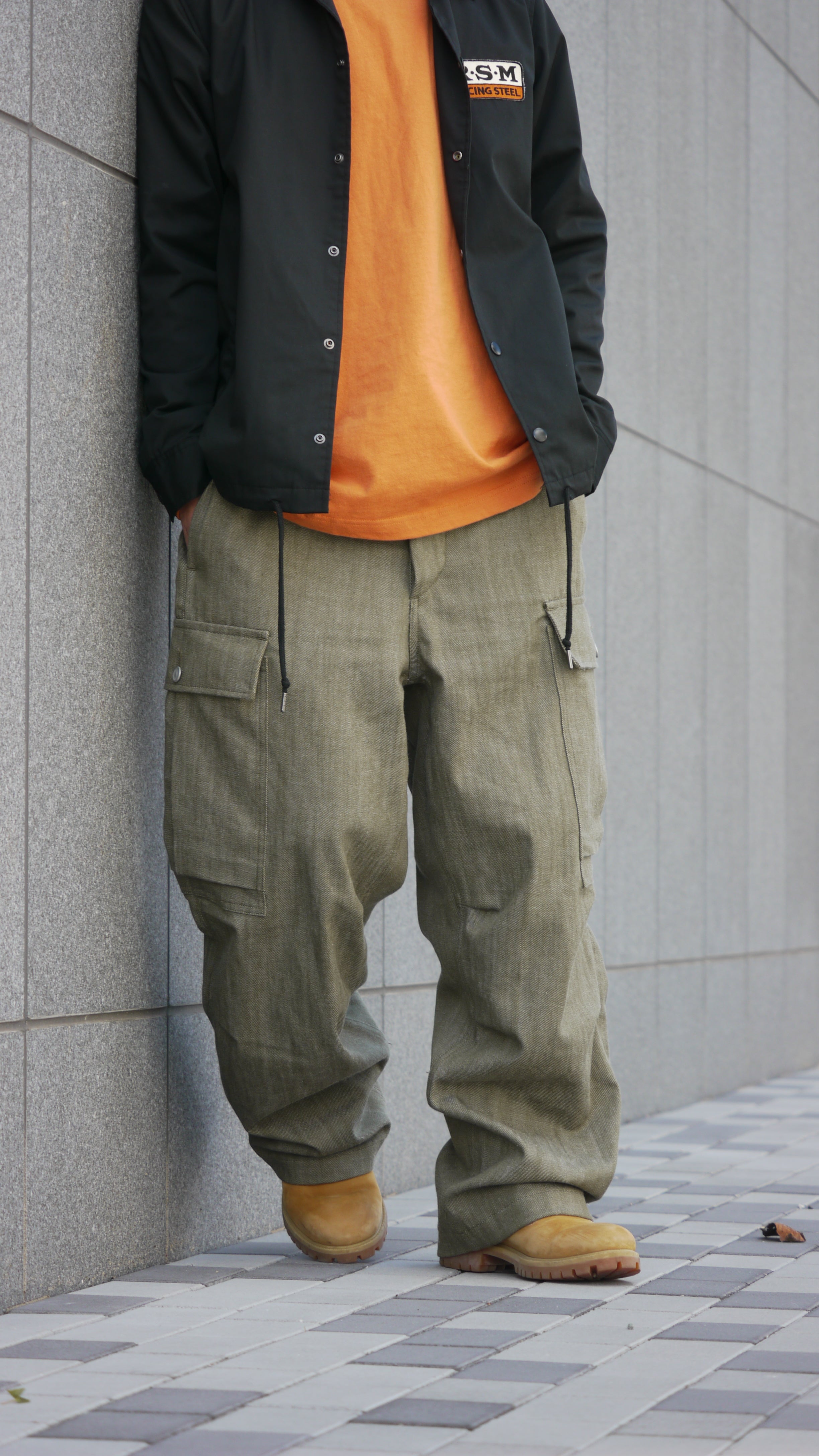 カーキ グリーンデニム カーゴパンツ MINEDENIM - Denim Wide Cargo PS （KHA） / デニム ワイド