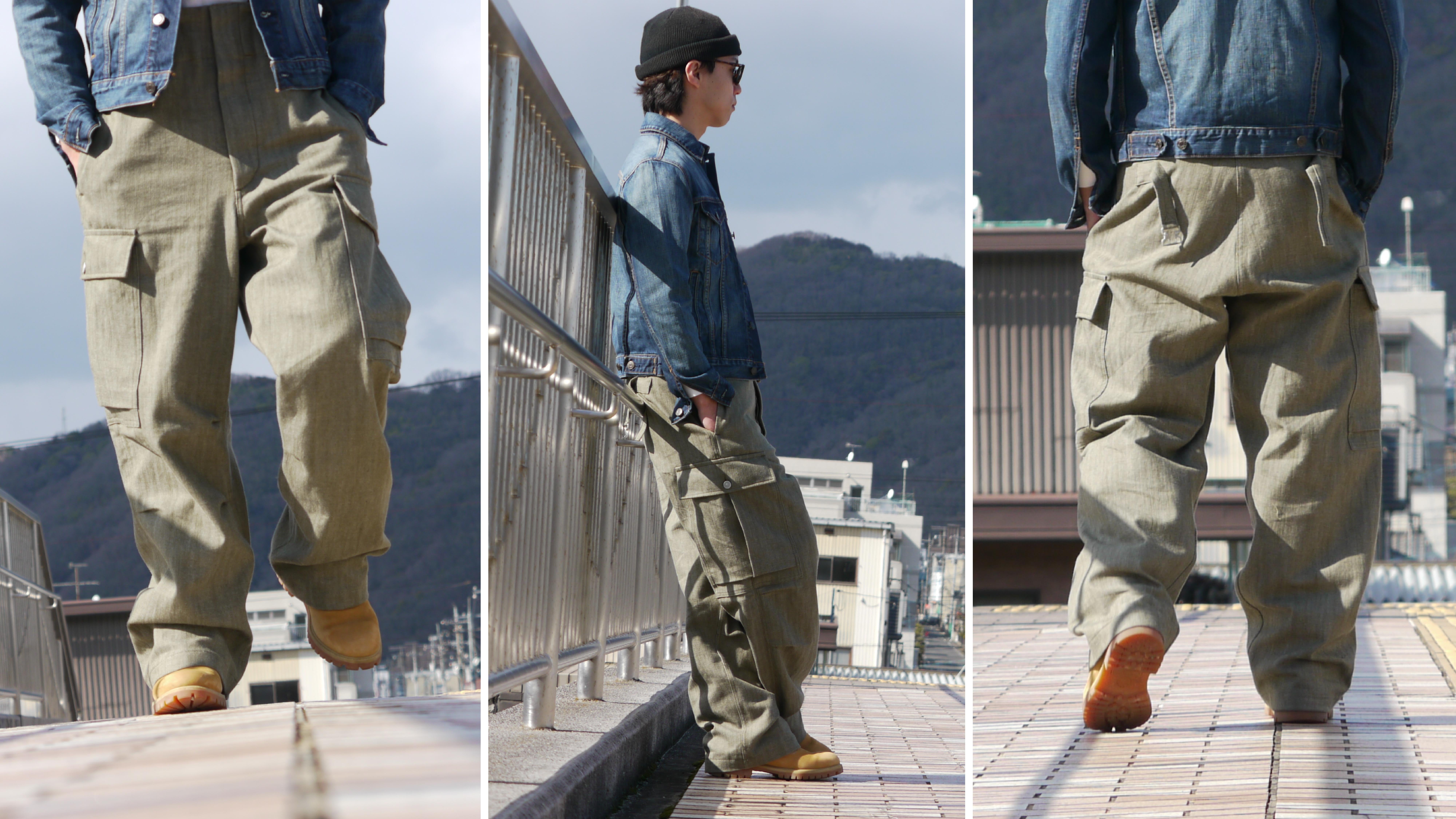 カーキ グリーンデニム カーゴパンツ MINEDENIM - Denim Wide Cargo PS （KHA） / デニム ワイド