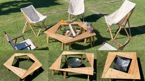 ペンタゴン型焚火テーブル  3角テーブルの組み合わせで形が変わる天然木テーブル