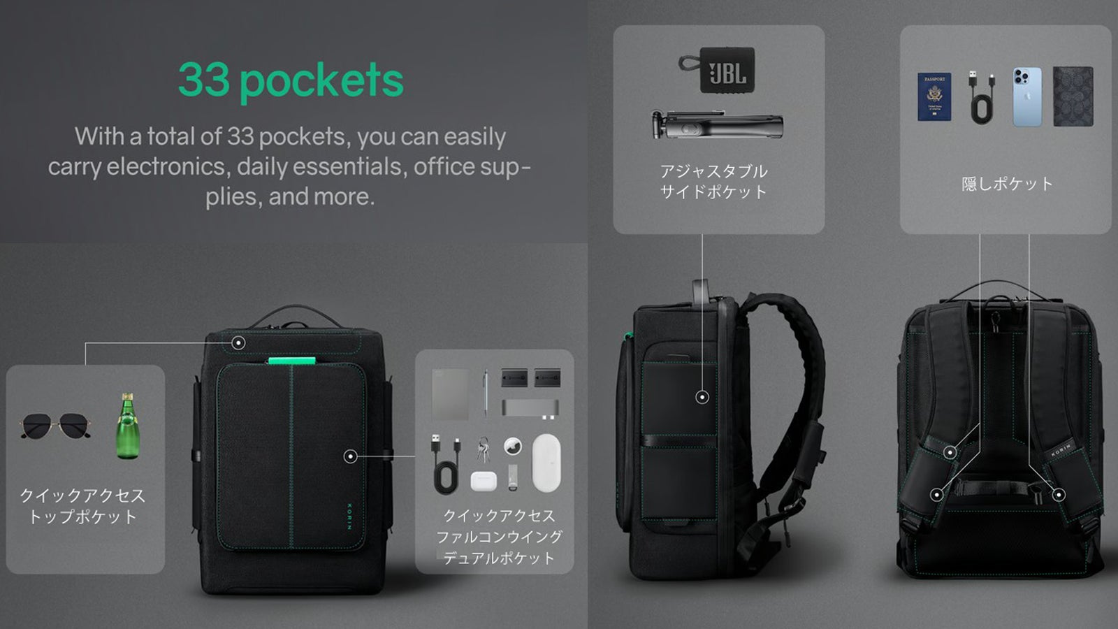 定位置収納で、荷物が探しやすい。正面は観音開きポケット。防刃