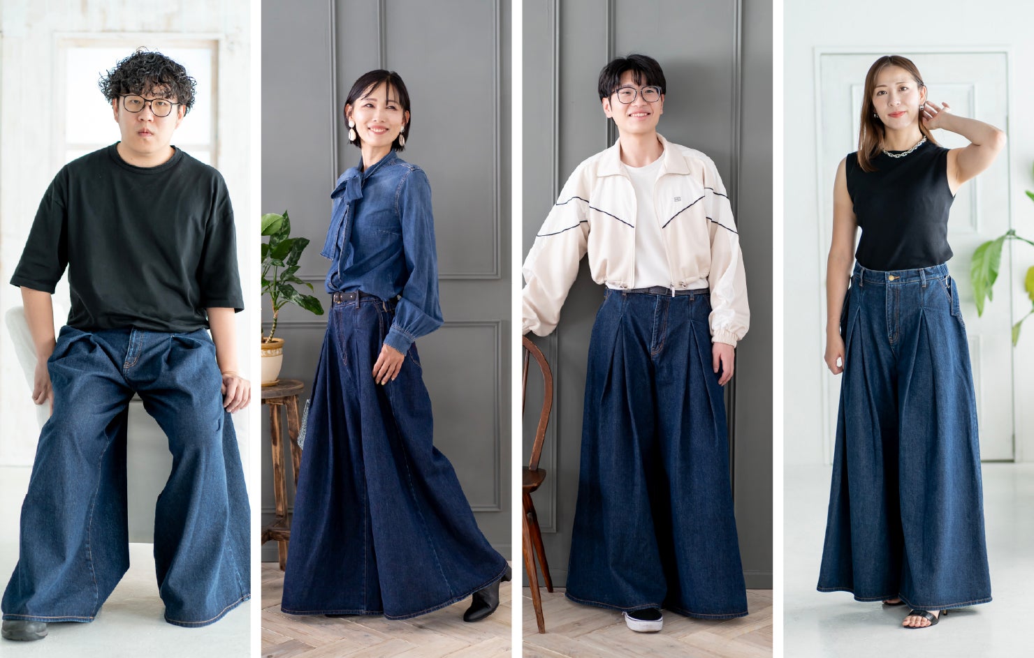 スーパーワイドハカマパンツ デニムブルー下北沢 スーパーワイドなシルエットで体型カバーが叶う！脚長効果抜群の