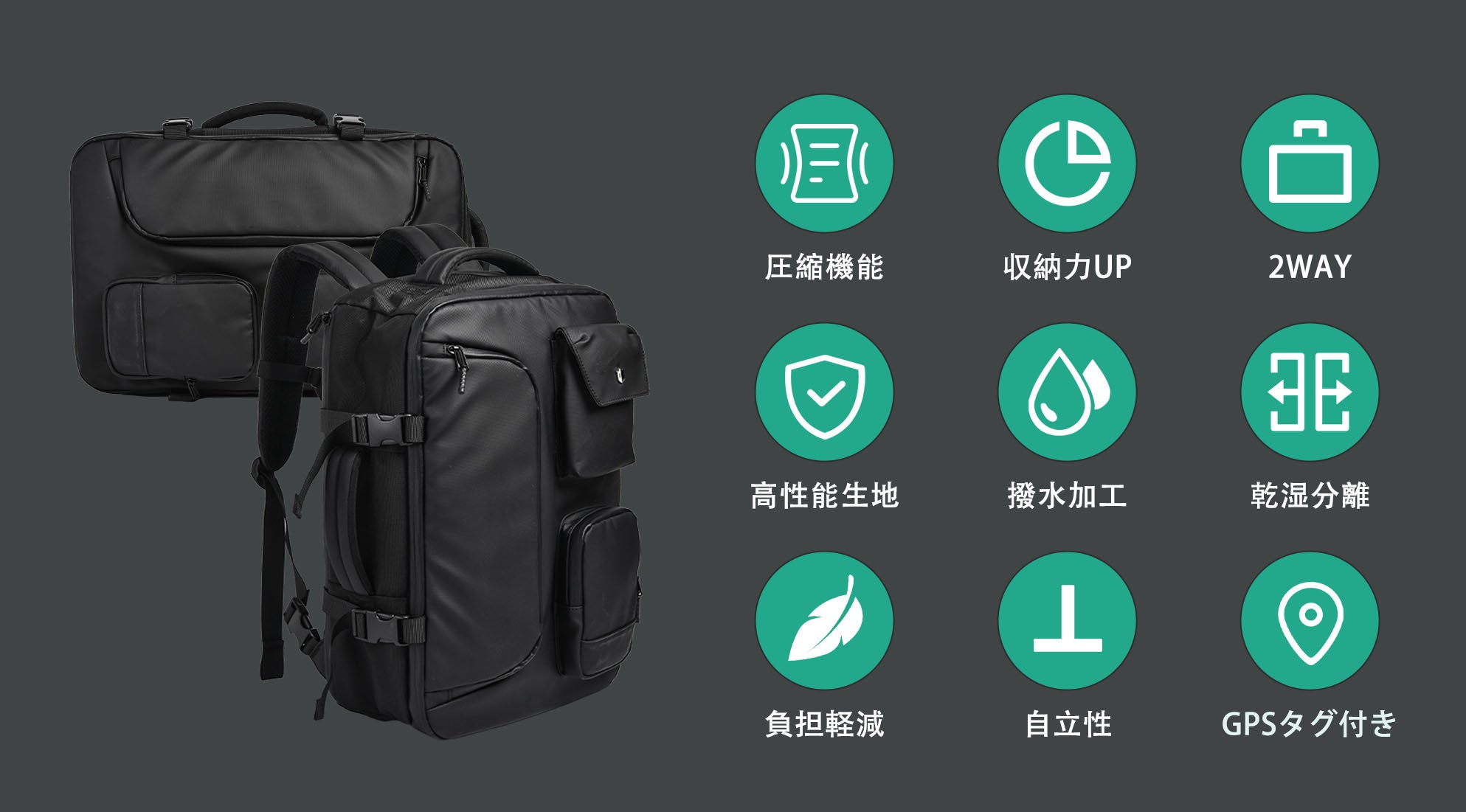 圧縮機能付き2wayバックパック 圧縮機能で驚異の収納力！旅行もビジネスもこれ一つで完結する多機能