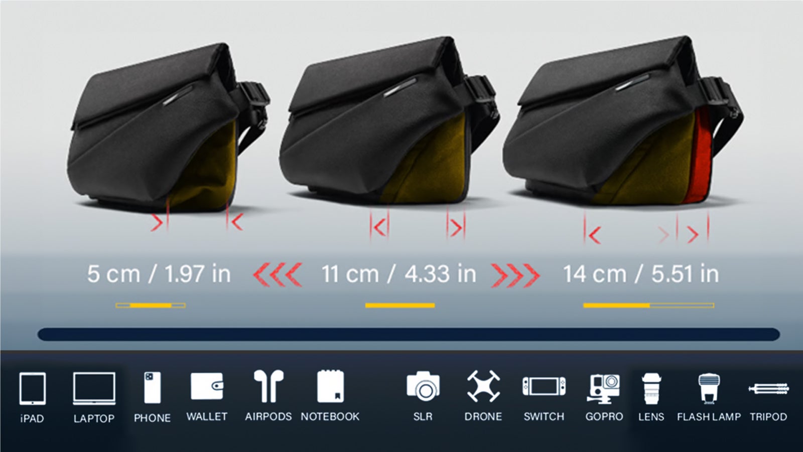 14インチPC、ペットボトルまで収納！拡張型スリング｜NIID MEGA