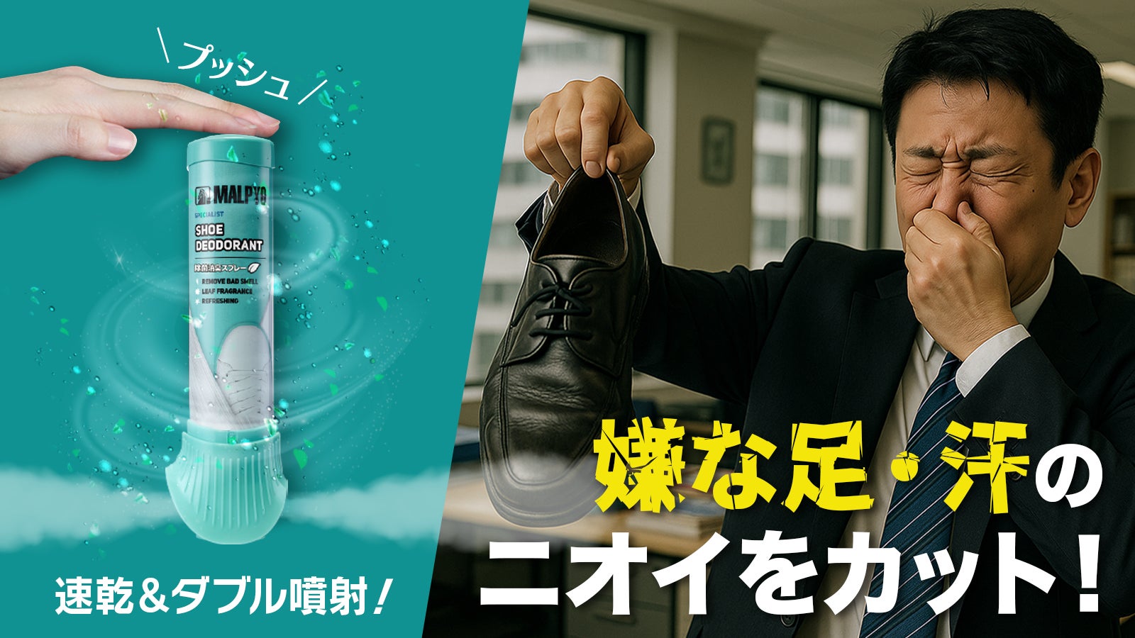 足・汗のニオイをカット！ワンプッシュデュアル噴射でしっかり消臭新