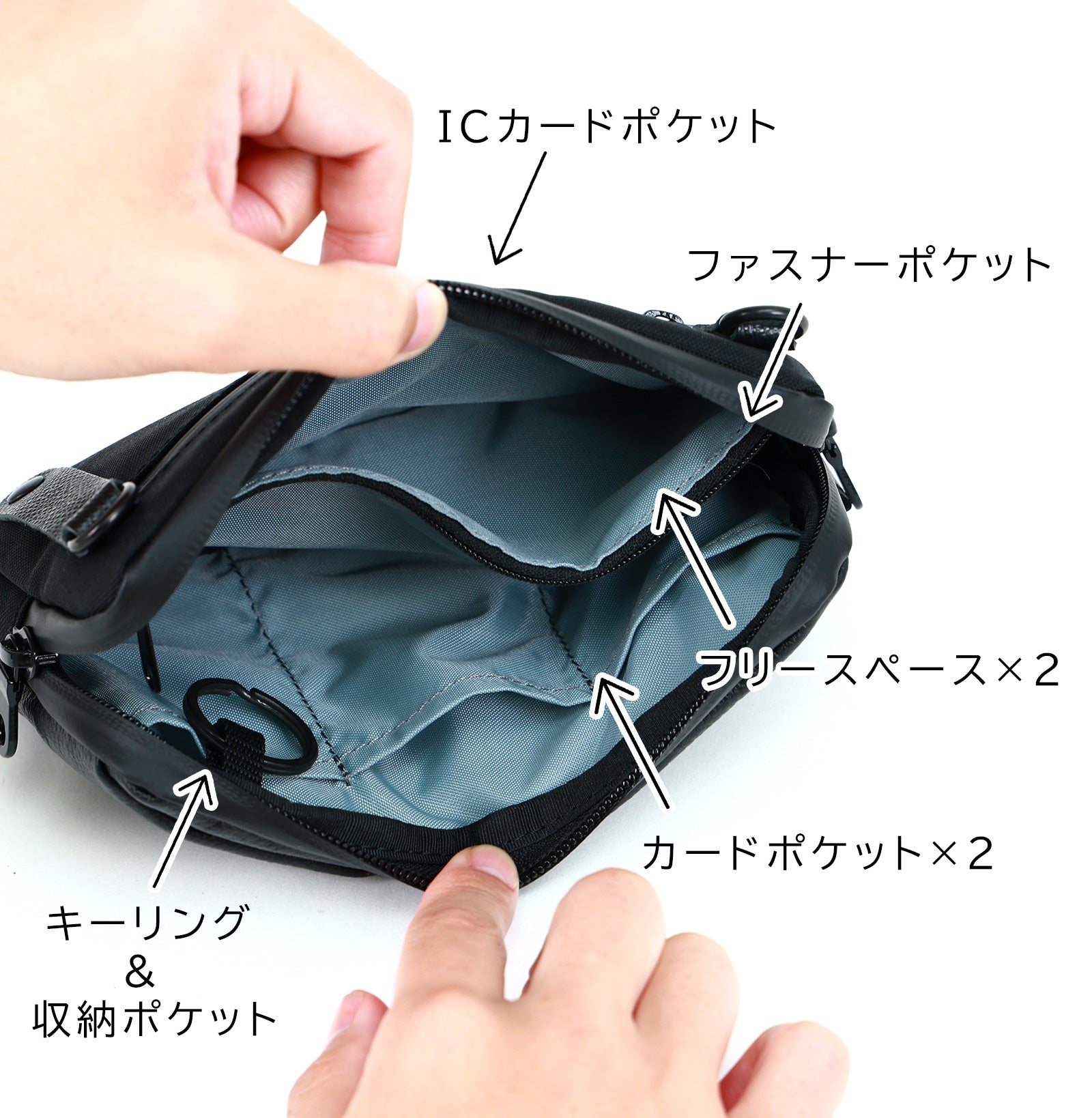スマホ・鍵・財布をひとまとめ 手ぶらミニバッグ パークポシェットW 撥
