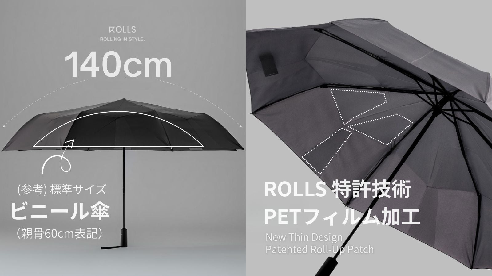 ROLLS MAX ジェントルブラック　makuake 折り畳み傘 2秒収納×ワイド設計】であなたは濡れない。雨のストレスを晴天に
