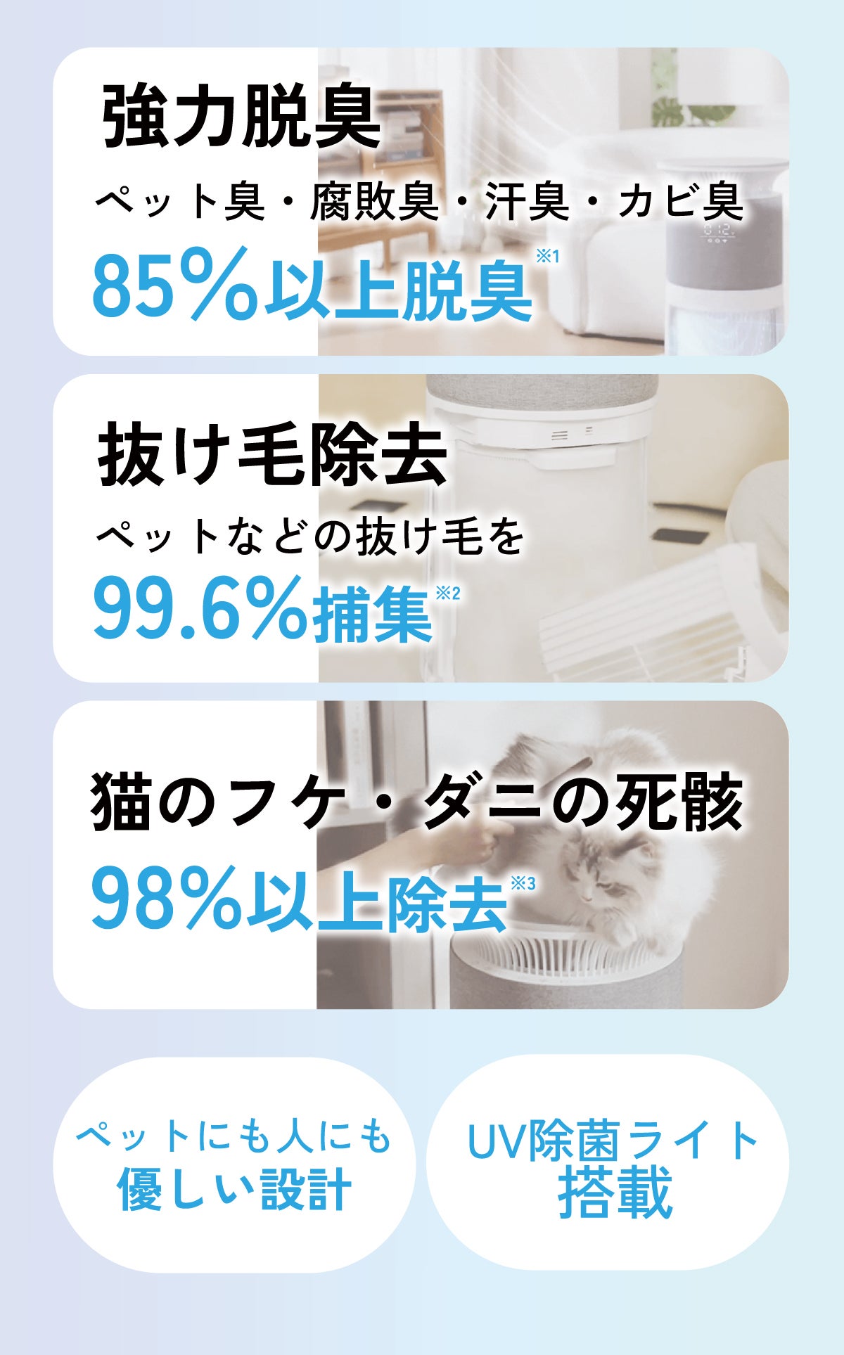 毛の舞う生活に終止符を。パワフル吸引＆除菌ライト搭載で心地よい空気