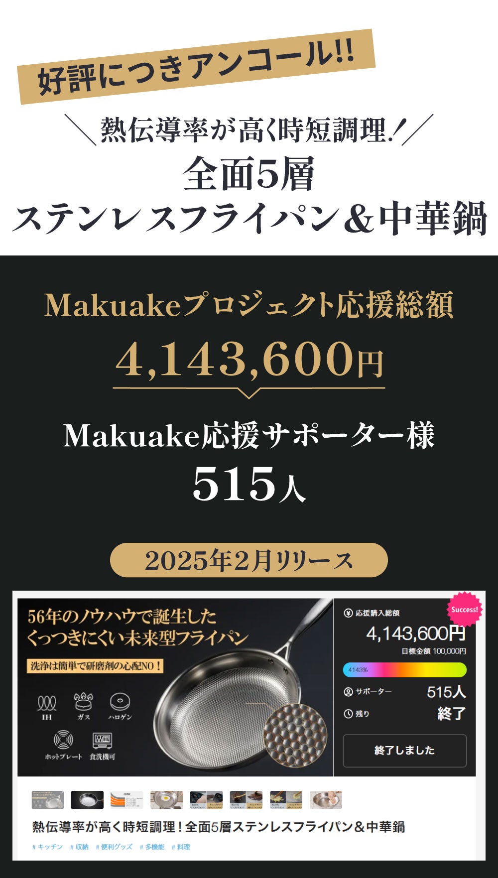 アンコール】熱伝導率が高く時短調理！全面5層ステンレスフライパン