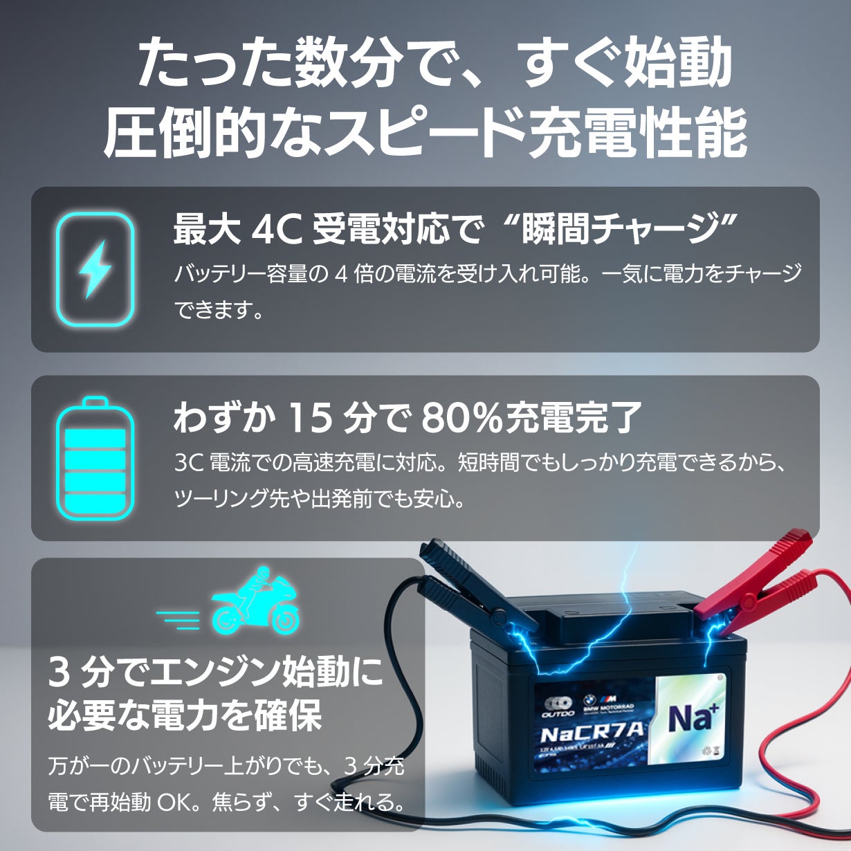 25℃でも始動 過放電可 高速充電 長寿命 バイク用ナトリウム
