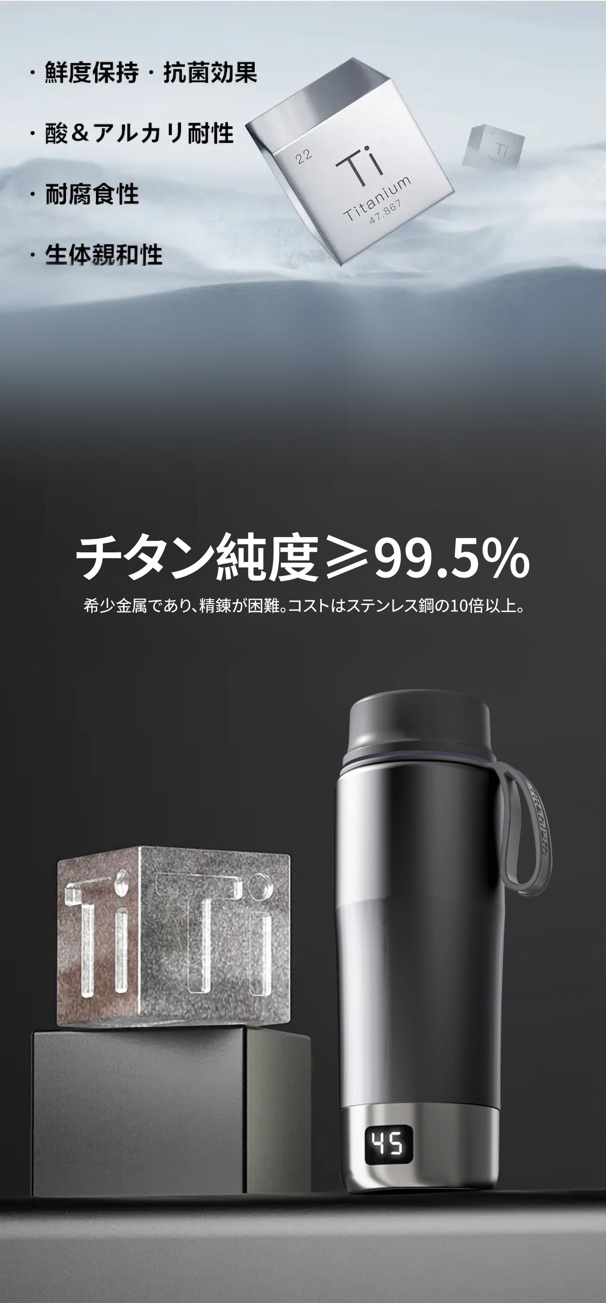 二層純チタン素材・真空断熱、8分で沸騰！加熱式・チタン製