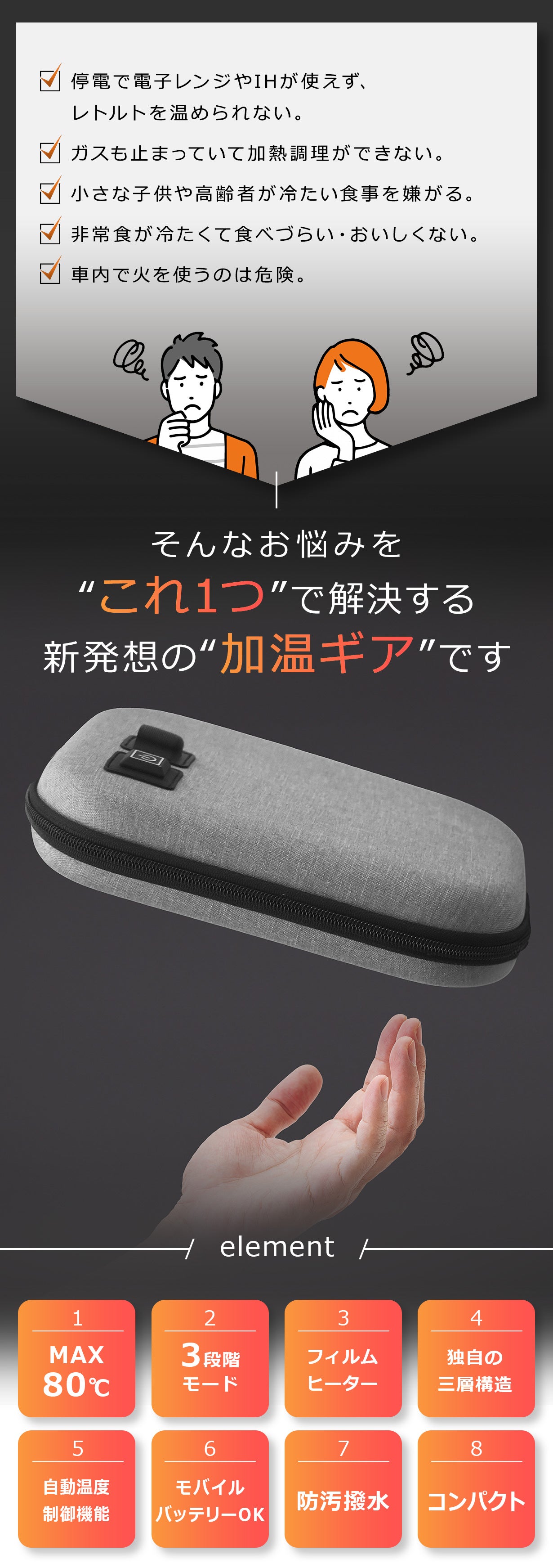 ポータブル加熱ポーチ A4サイズ 80℃ 40℃ 3分で80℃※】水も火も不要でご飯＆レトルト食品が作れるポータブル