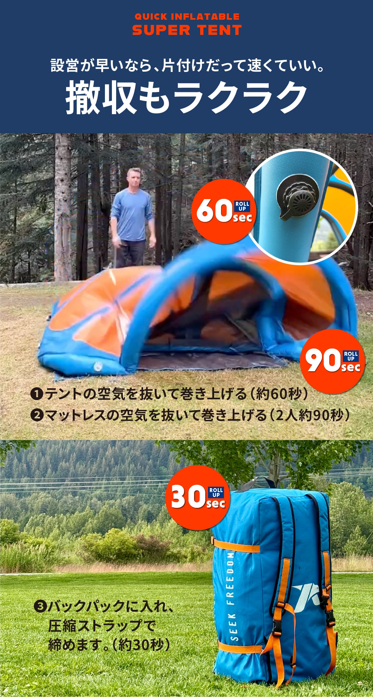 ボタンを押すと2分で自立。 高品質で頑丈なマットレス一体型「スーパー