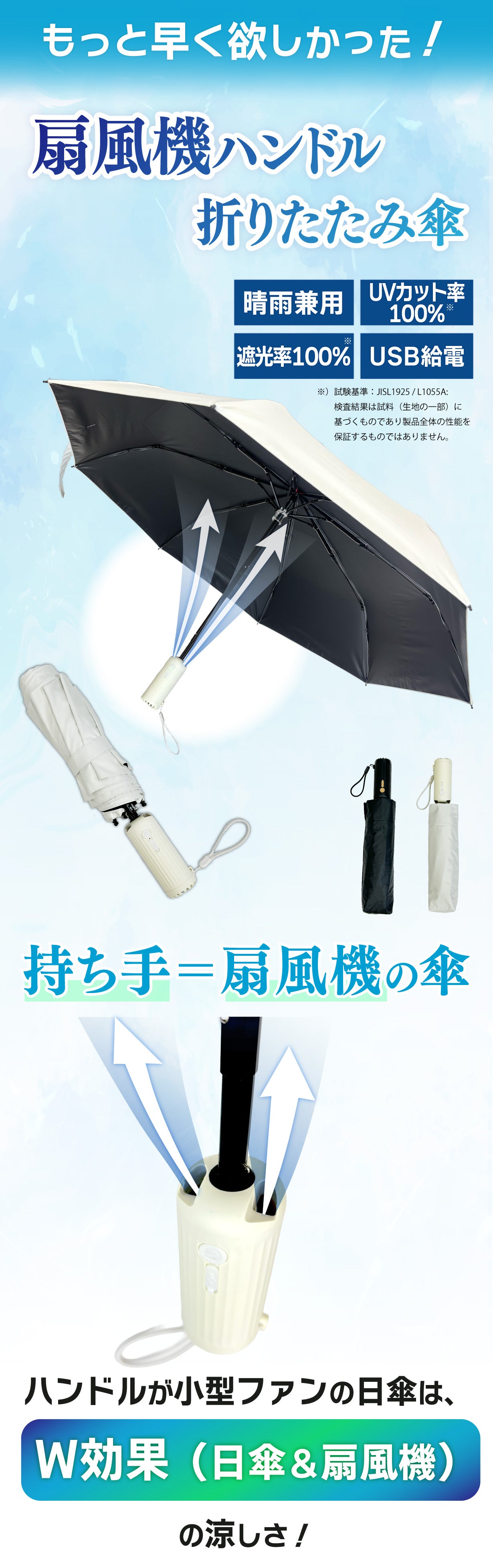 傘の持ち手が扇風機に!? 扇風機がハンドルの折りたたみ日傘 登場