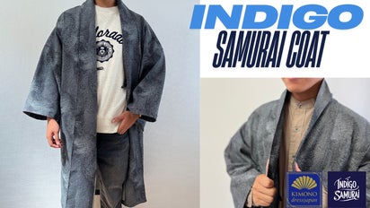 井原産『INDIGO侍コート』粋な小袖×波縞ジャガードの新感覚ローブ 