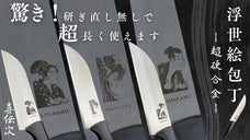 驚き！研ぐ手間いらずで、錆びに強い！見て楽しめる超硬合金製【浮世絵包丁】