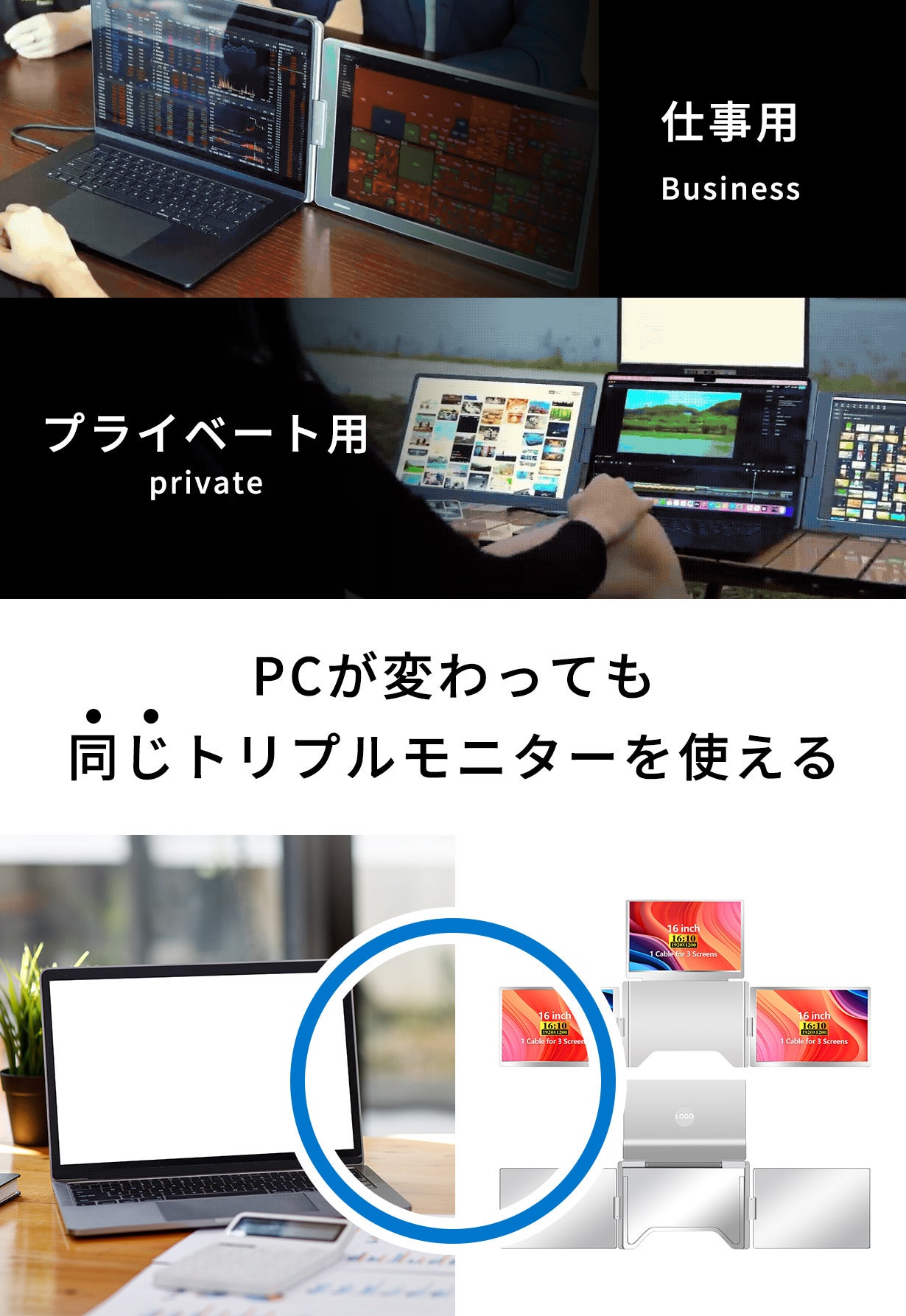 作業効率UP！】ノートPCが瞬時に4画面化。折りたたみ式拡張トリプル