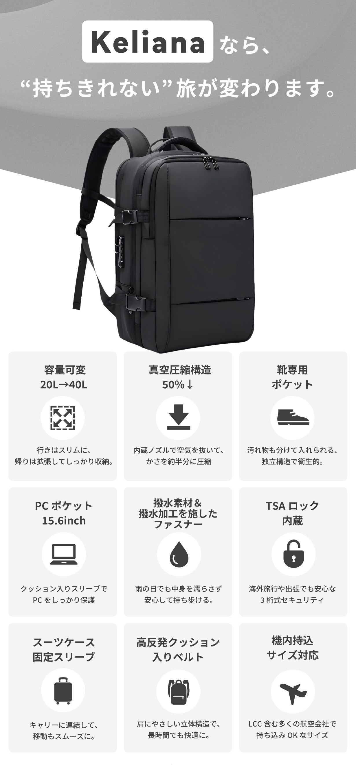 世界で最も軽いものって？ スーツケースはもう不要。衣類を50%圧縮し、旅の荷物を一つに