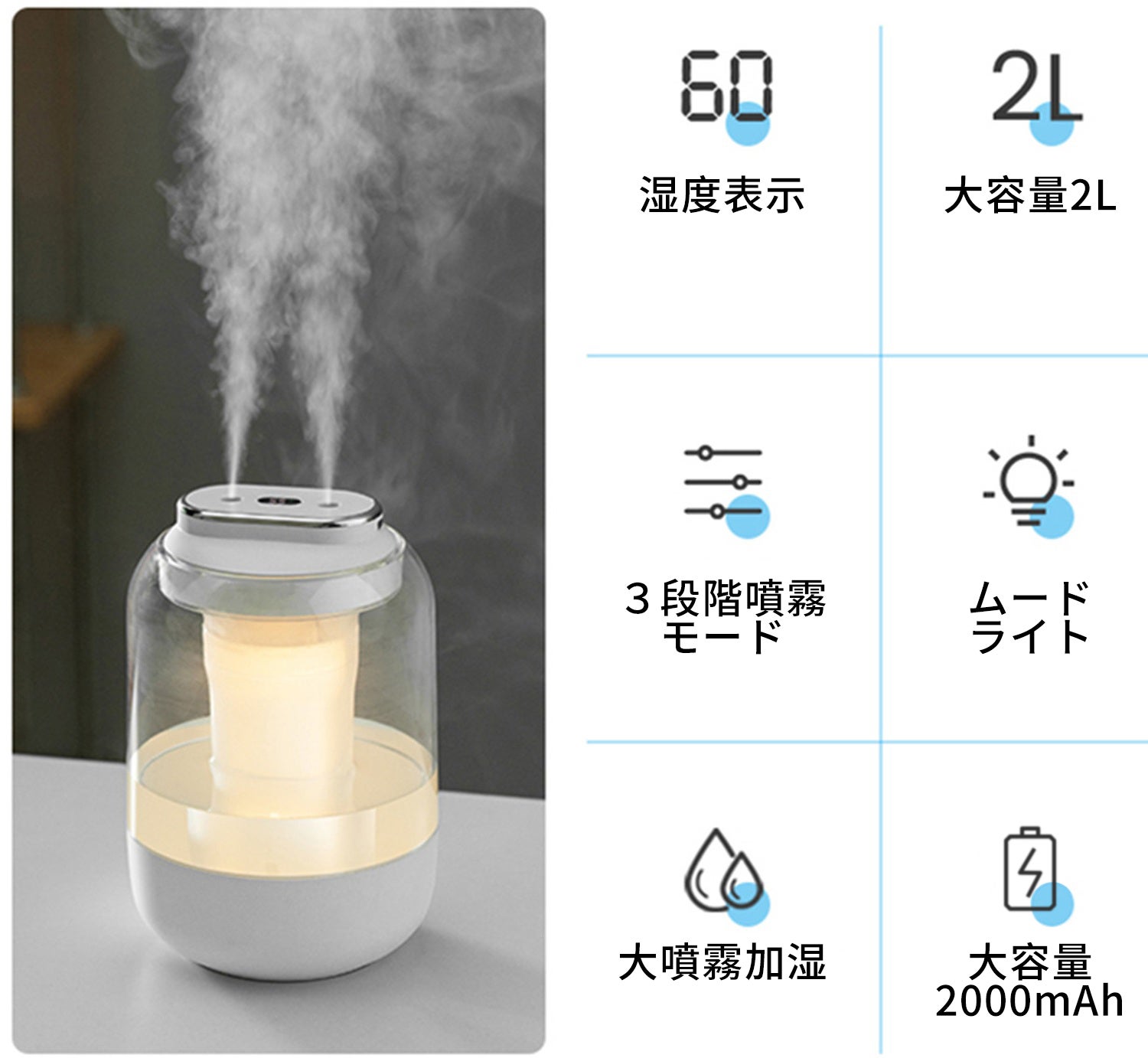 大容量2L/コードレス加湿器】乾燥知らずの快適空間！超音波ダブル