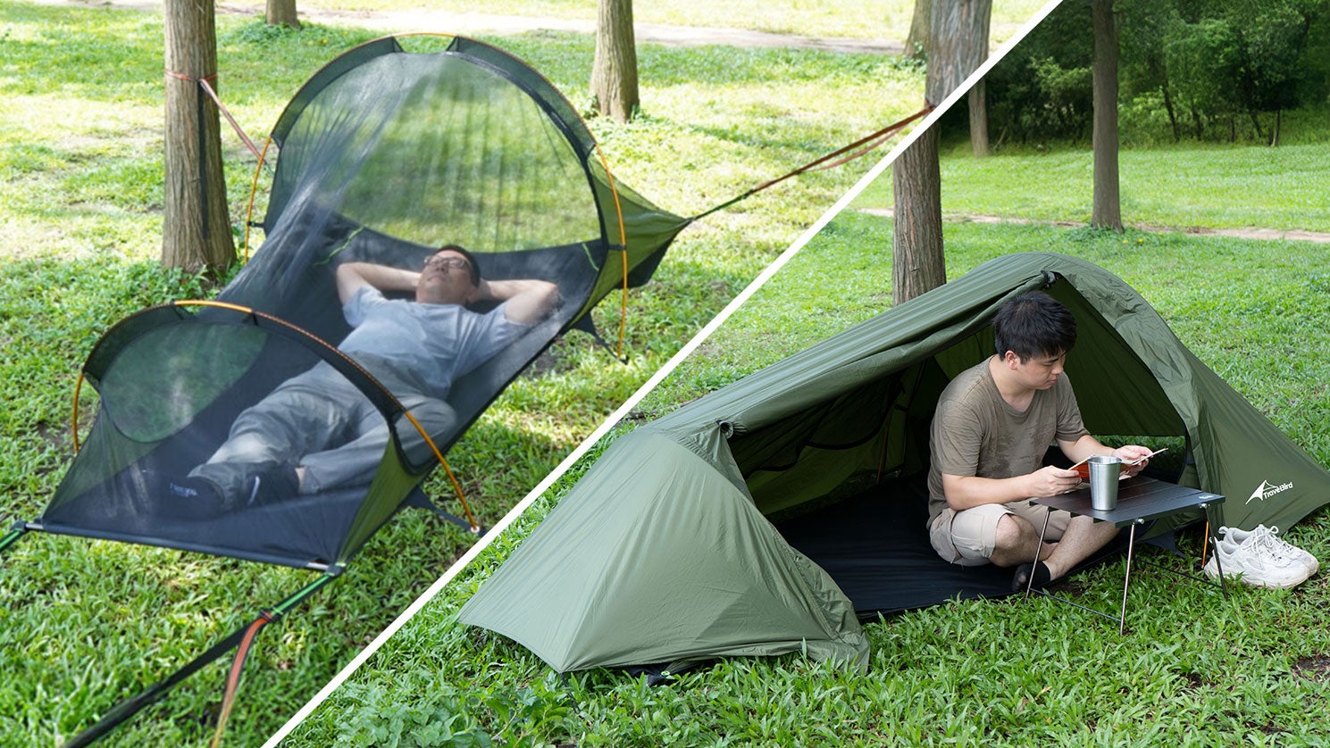 traveler ハンモックテント キャンプ 空陸両用】地面に寝るだけがキャンプじゃない。設営3分＆超軽量の