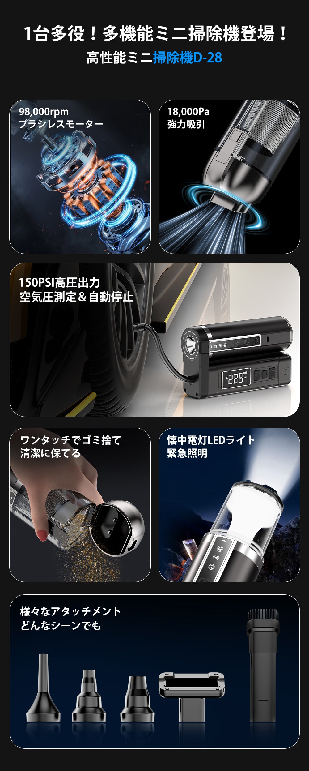 送風・吸引・空気入れ・電灯も！多機能でも妥協しない高性能ミニ掃除機