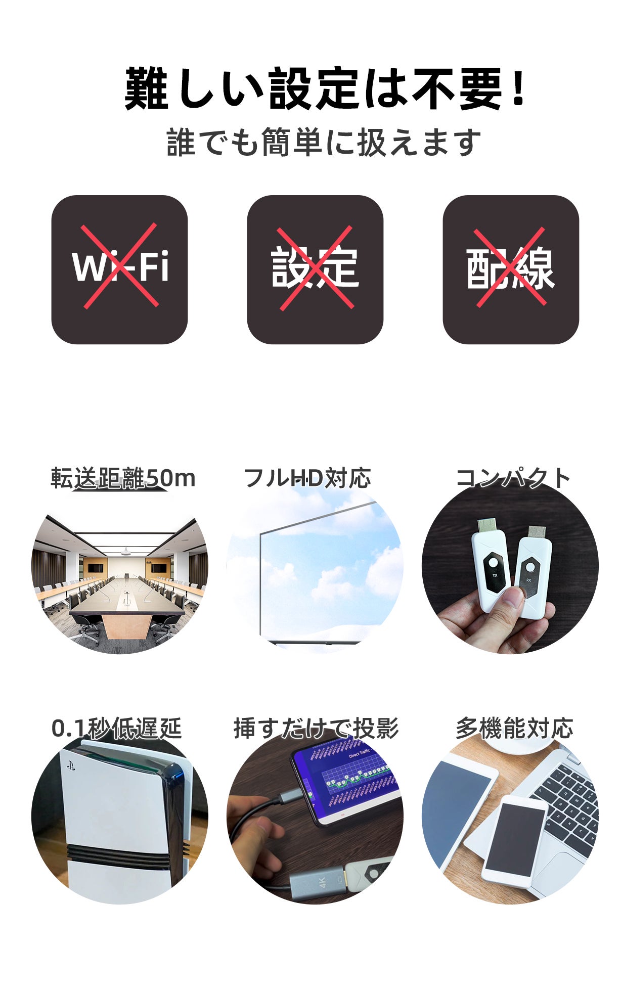 最大転送距離50m】Wi-Fi不要のワイヤレスミラーリングアダプターDT-E