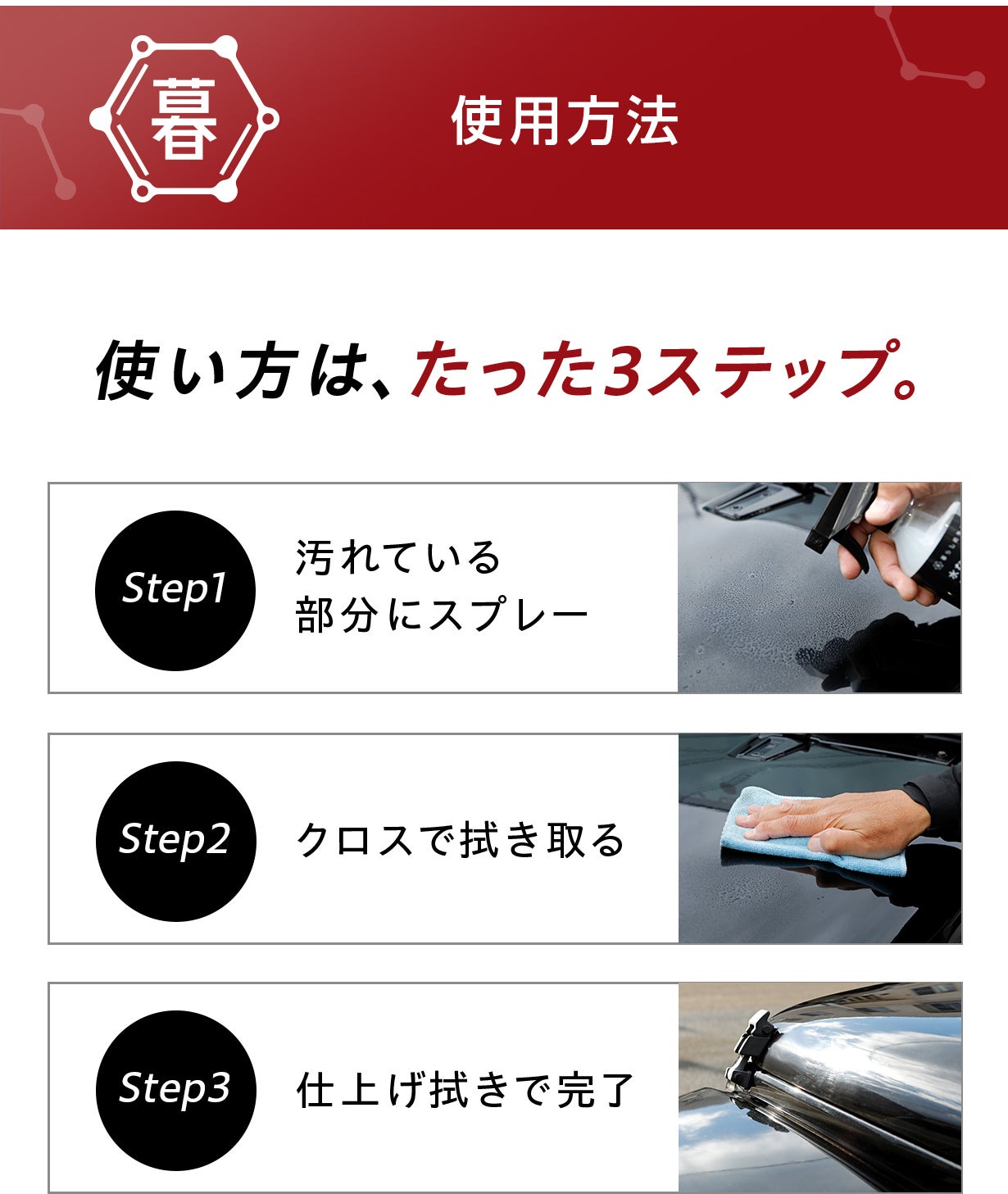 サッと拭くだけ5分！“洗車＋ワックス”が1本で完結。水なしの洗車革命