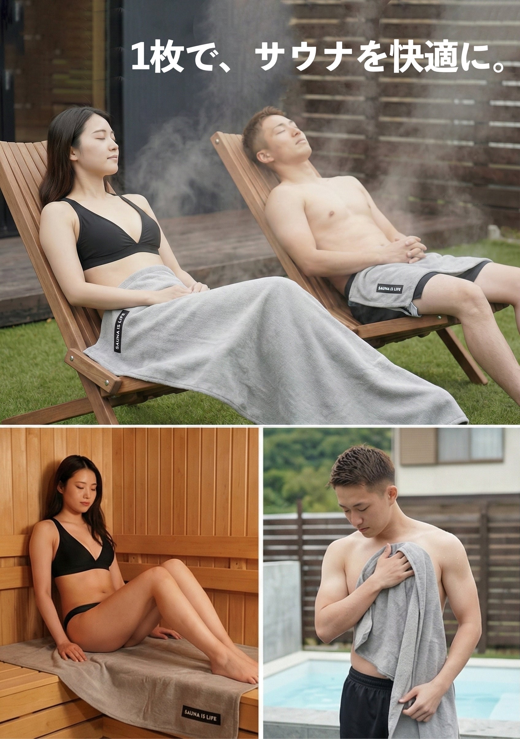 サウナ中・水風呂後・外気浴を1枚でまかなう3WAYサウナブランケット