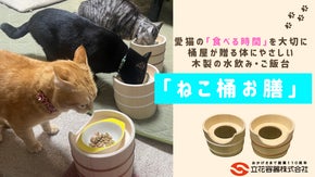 110年の桶樽屋の伝統と技術が贈る。猫ちゃんの負担を軽減する食器台『ねこ桶お膳』