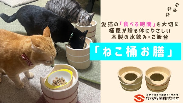 110年の桶樽屋の伝統と技術が贈る。猫ちゃんの負担を軽減する食器台『ねこ桶お膳』