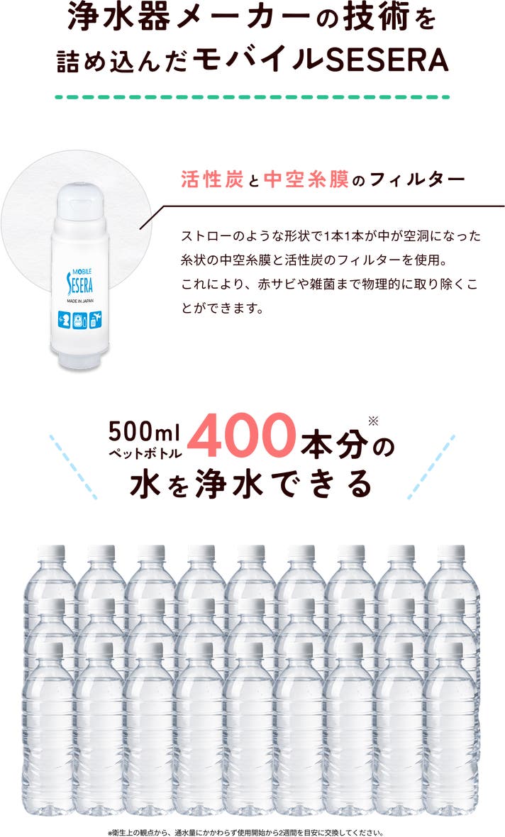 持ち運べる携帯浄水器「モバイルSESERA」きれいな飲料水をもっと手軽に