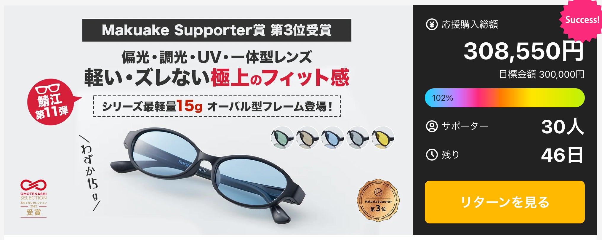 シリーズ最軽量15g！メガネの鯖江発【UV・偏光・調光】軽い・ズレない
