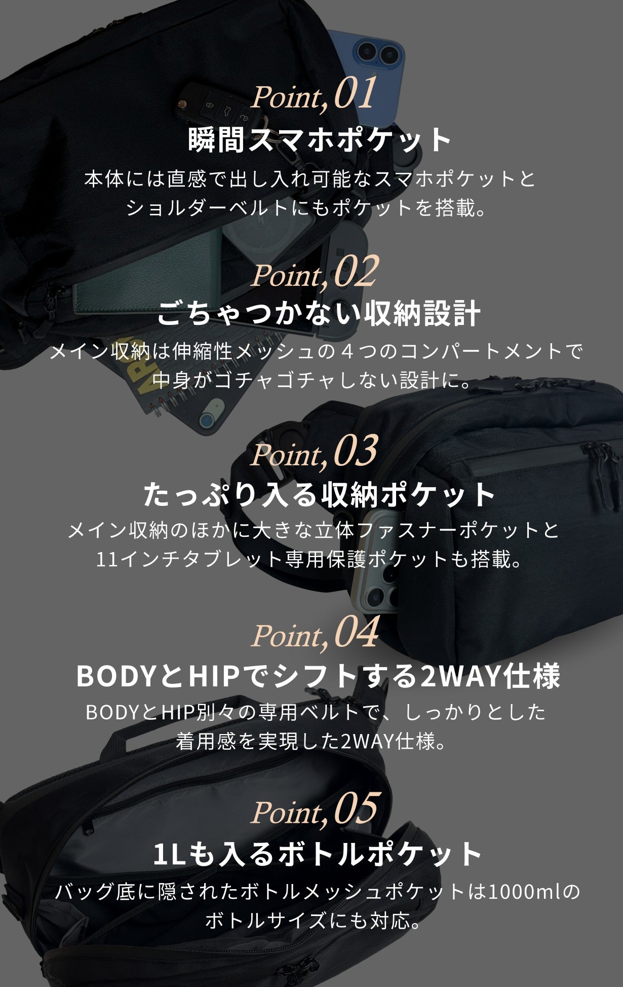 迷子ゼロ収納×瞬間アクセス！BODYとHIPでシフトする高機能2WAYバッグ