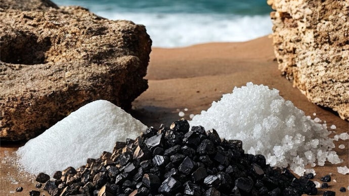 IBIZA島の塩田で生産された携帯サイズの伝統的な天日製法、金箔炭塩が